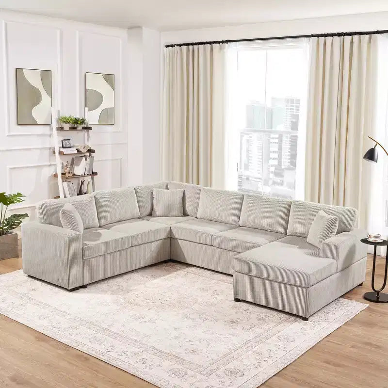 Whisen Corduroy Oversized Sectional Sofa with a Chaise Lounge and Three Soft Throw Pillows