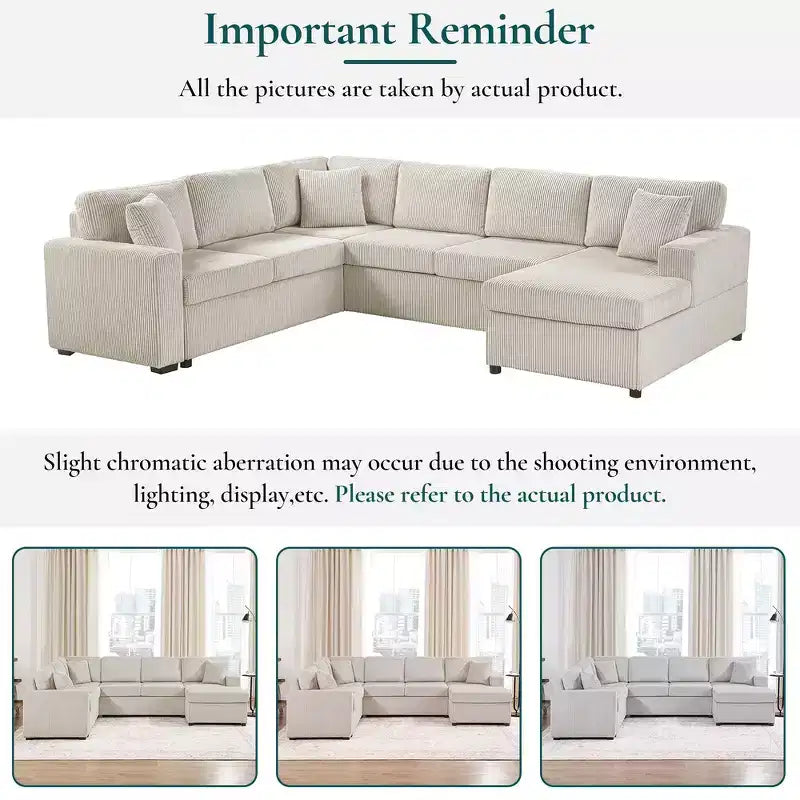 Whisen Corduroy Oversized Sectional Sofa with a Chaise Lounge and Three Soft Throw Pillows