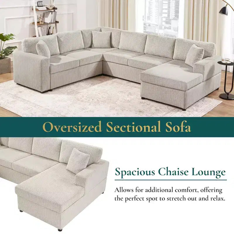 Whisen Corduroy Oversized Sectional Sofa with a Chaise Lounge and Three Soft Throw Pillows
