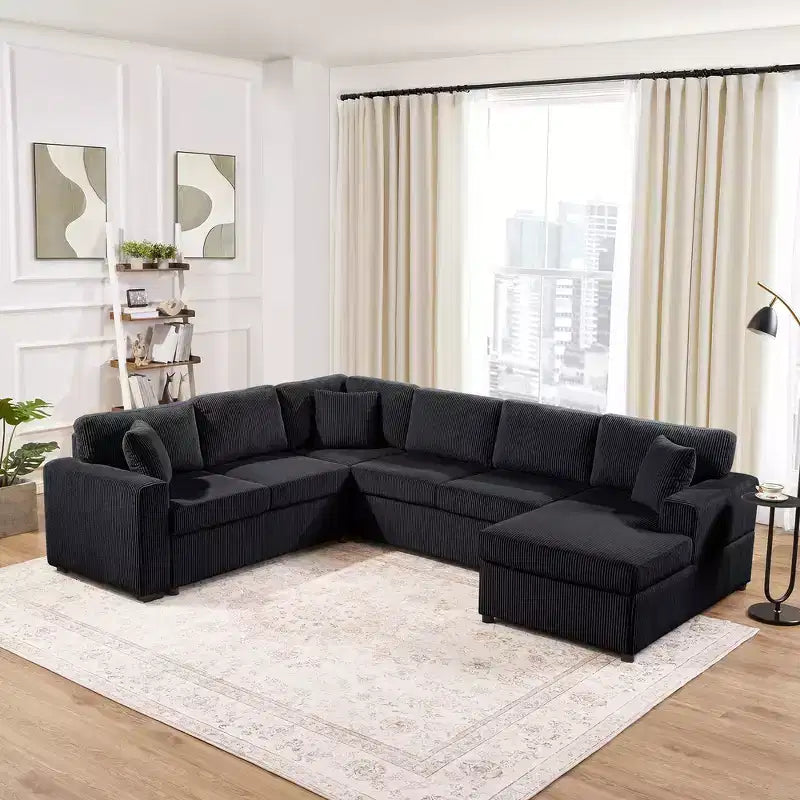 Whisen Corduroy Oversized Sectional Sofa with a Chaise Lounge and Three Soft Throw Pillows