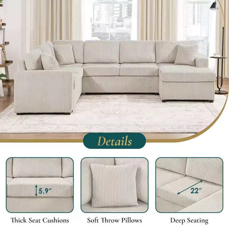 Whisen Corduroy Oversized Sectional Sofa with a Chaise Lounge and Three Soft Throw Pillows