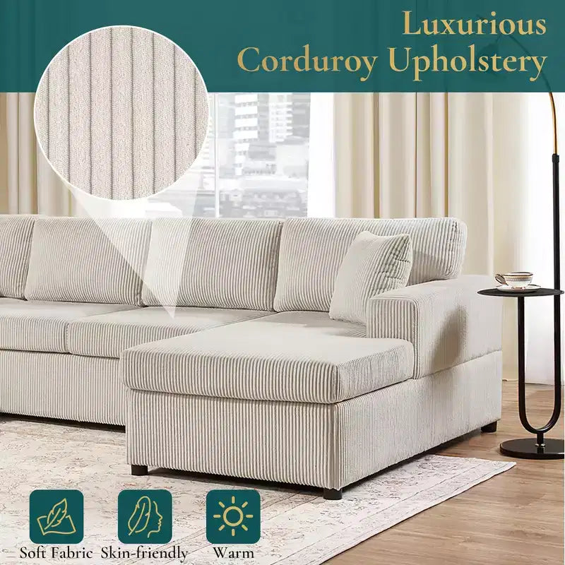 Whisen Corduroy Oversized Sectional Sofa with a Chaise Lounge and Three Soft Throw Pillows