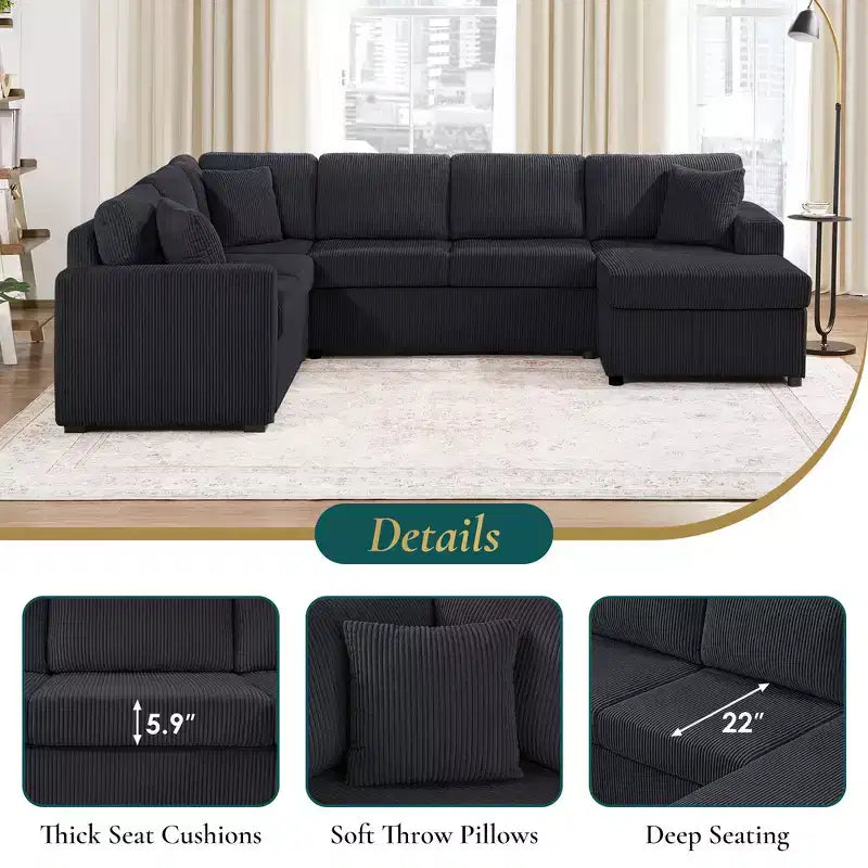 Whisen Corduroy Oversized Sectional Sofa with a Chaise Lounge and Three Soft Throw Pillows