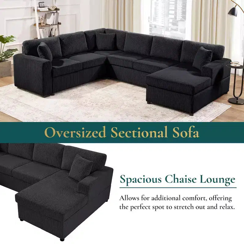 Whisen Corduroy Oversized Sectional Sofa with a Chaise Lounge and Three Soft Throw Pillows