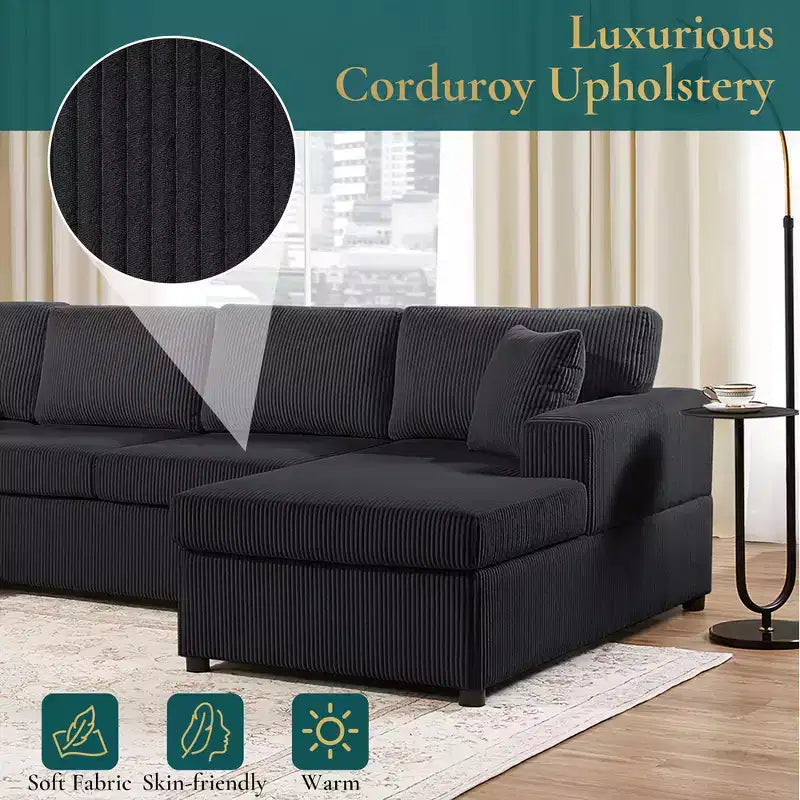 Whisen Corduroy Oversized Sectional Sofa with a Chaise Lounge and Three Soft Throw Pillows