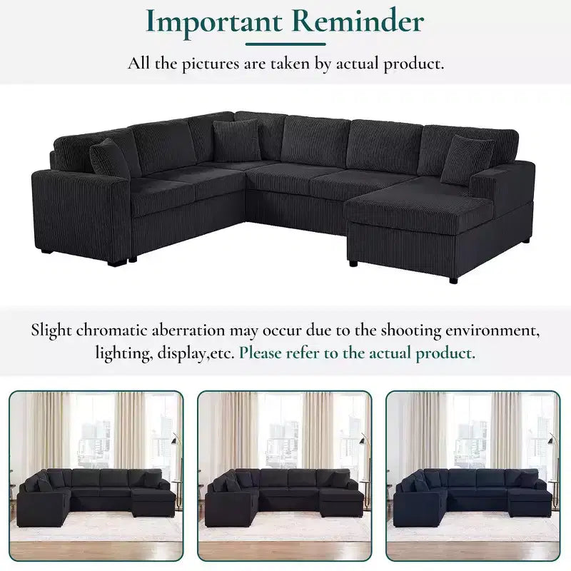 Whisen Corduroy Oversized Sectional Sofa with a Chaise Lounge and Three Soft Throw Pillows