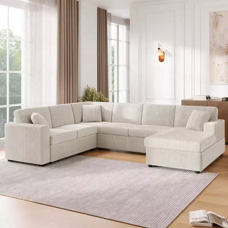 Whisen Corduroy Oversized Sectional Sofa with a Chaise Lounge and Three Soft Throw Pillows