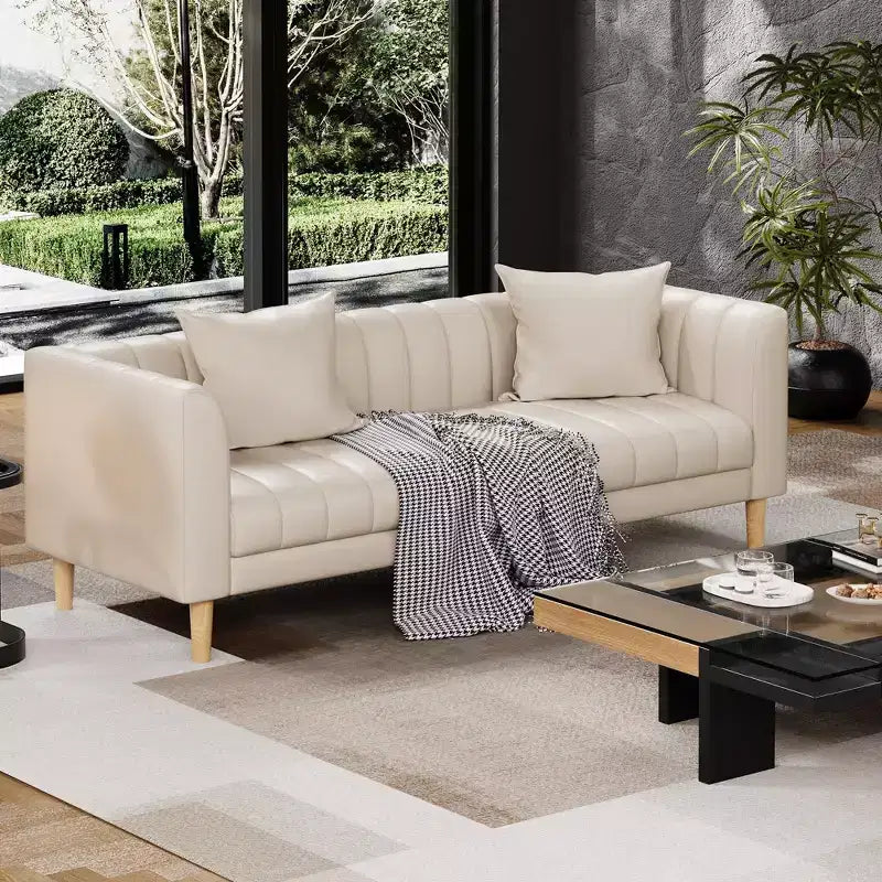 Canapé en similicuir, canapé moderne de 78 po de largeur avec sièges profonds, canapé 3 places avec 2 coussins décoratifs et pieds en bois, assemblage facile