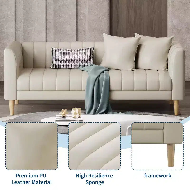 Canapé en similicuir, canapé moderne de 78 po de largeur avec sièges profonds, canapé 3 places avec 2 coussins décoratifs et pieds en bois, assemblage facile