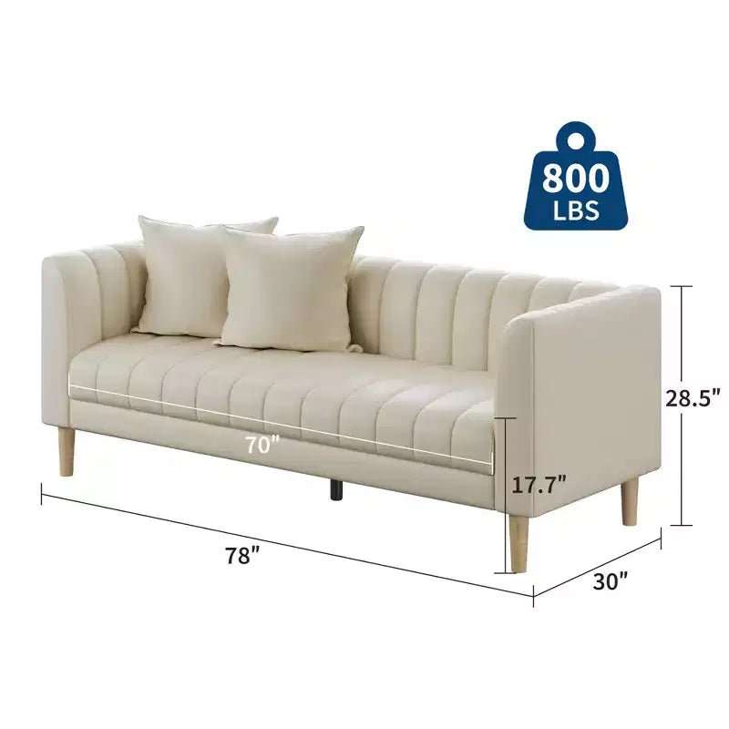 Canapé en similicuir, canapé moderne de 78 po de largeur avec sièges profonds, canapé 3 places avec 2 coussins décoratifs et pieds en bois, assemblage facile