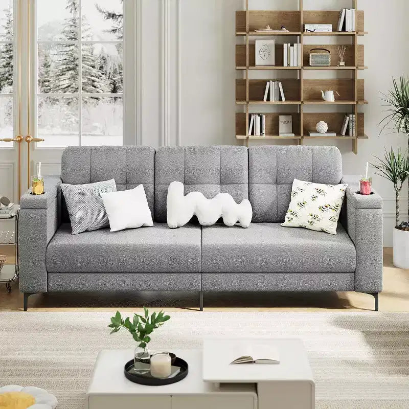 Acekool Modern Sofa Bed, 3-Seat Couch with Storage Armrests, Side Pockets & Cup Holder, Upholstered Sleeper for Living Room or Apartment