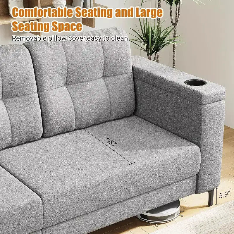 Acekool Modern Sofa Bed, 3-Seat Couch with Storage Armrests, Side Pockets & Cup Holder, Upholstered Sleeper for Living Room or Apartment