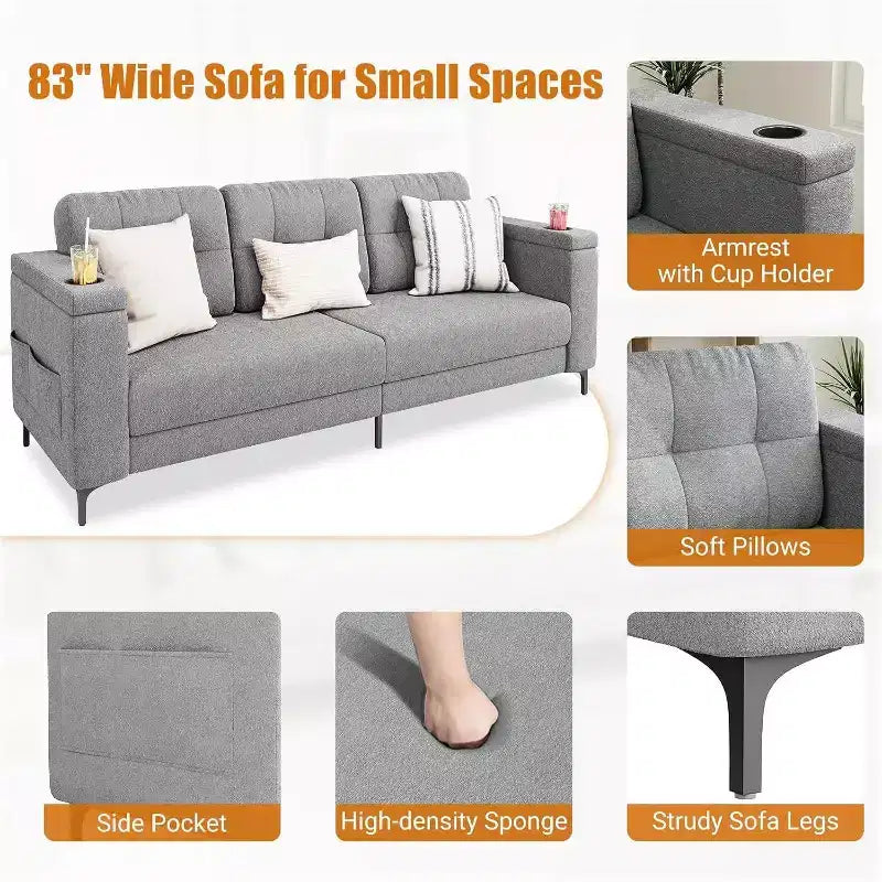 Acekool Modern Sofa Bed, 3-Seat Couch with Storage Armrests, Side Pockets & Cup Holder, Upholstered Sleeper for Living Room or Apartment