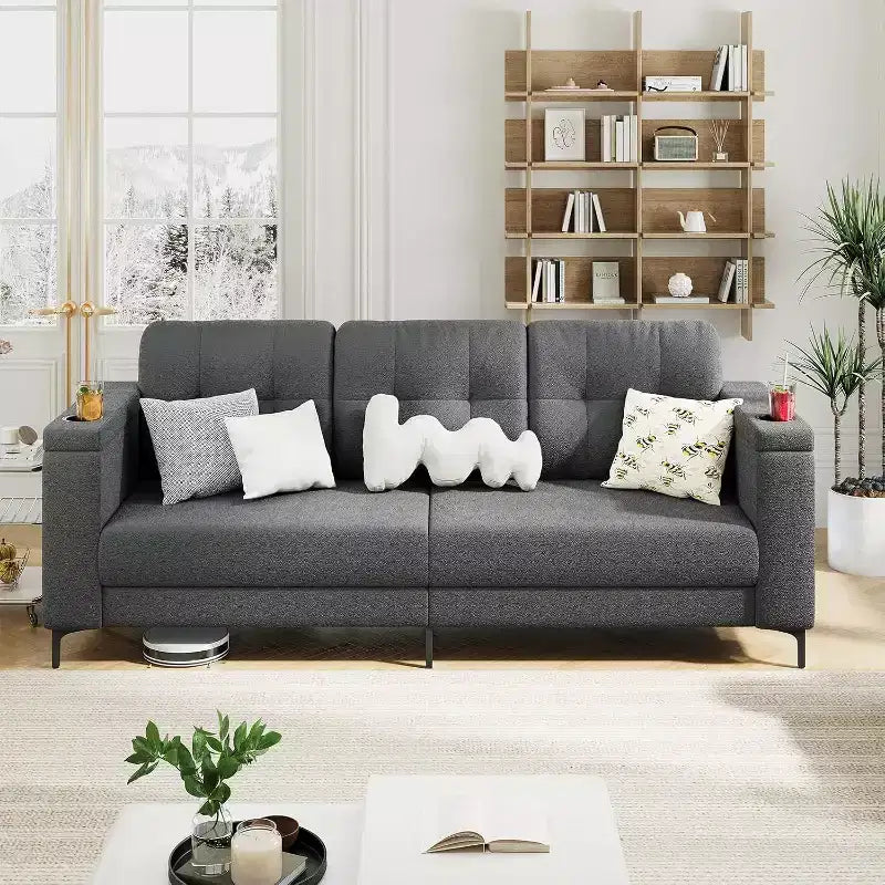 Acekool Modern Sofa Bed, 3-Seat Couch with Storage Armrests, Side Pockets & Cup Holder, Upholstered Sleeper for Living Room or Apartment