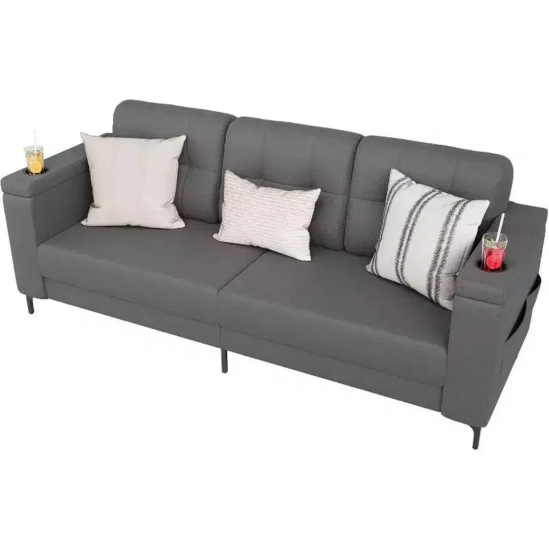 Acekool Modern Sofa Bed, 3-Seat Couch with Storage Armrests, Side Pockets & Cup Holder, Upholstered Sleeper for Living Room or Apartment