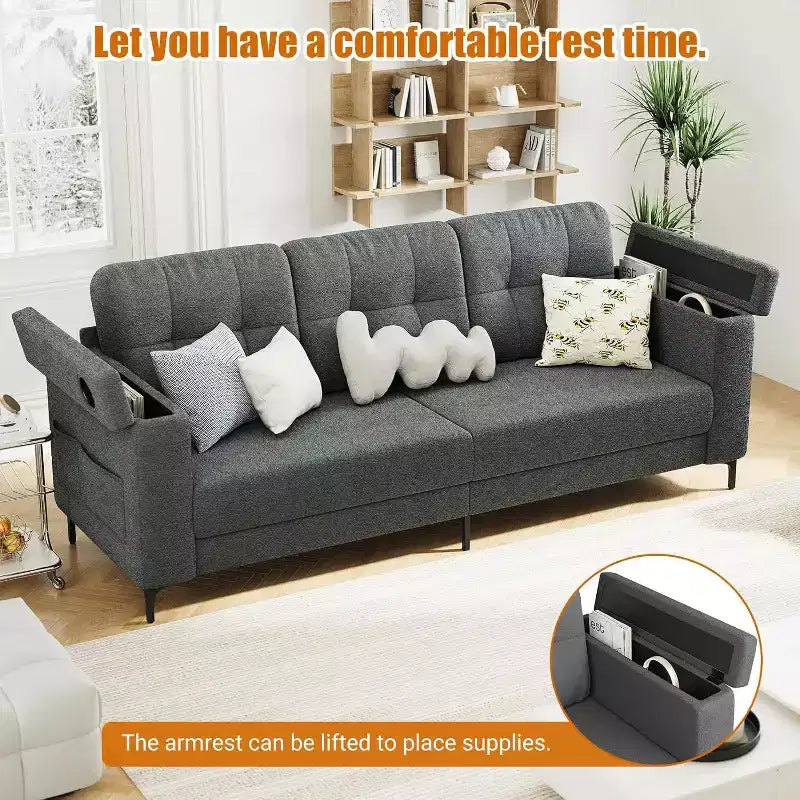 Acekool Modern Sofa Bed, 3-Seat Couch with Storage Armrests, Side Pockets & Cup Holder, Upholstered Sleeper for Living Room or Apartment