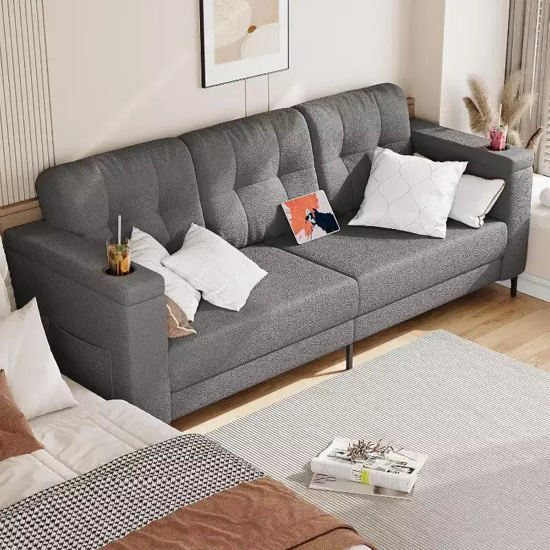 Acekool Modern Sofa Bed, 3-Seat Couch with Storage Armrests, Side Pockets & Cup Holder, Upholstered Sleeper for Living Room or Apartment