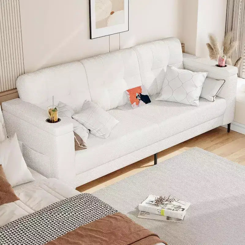 Acekool Modern Sofa Bed, 3-Seat Couch with Storage Armrests, Side Pockets & Cup Holder, Upholstered Sleeper for Living Room or Apartment
