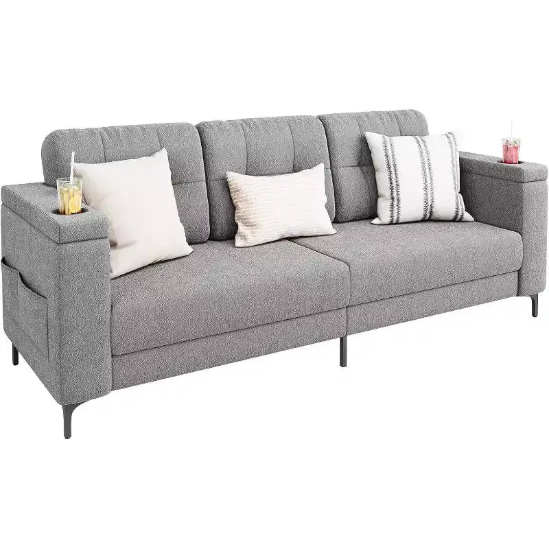 Acekool Modern Sofa Bed, 3-Seat Couch with Storage Armrests, Side Pockets & Cup Holder, Upholstered Sleeper for Living Room or Apartment