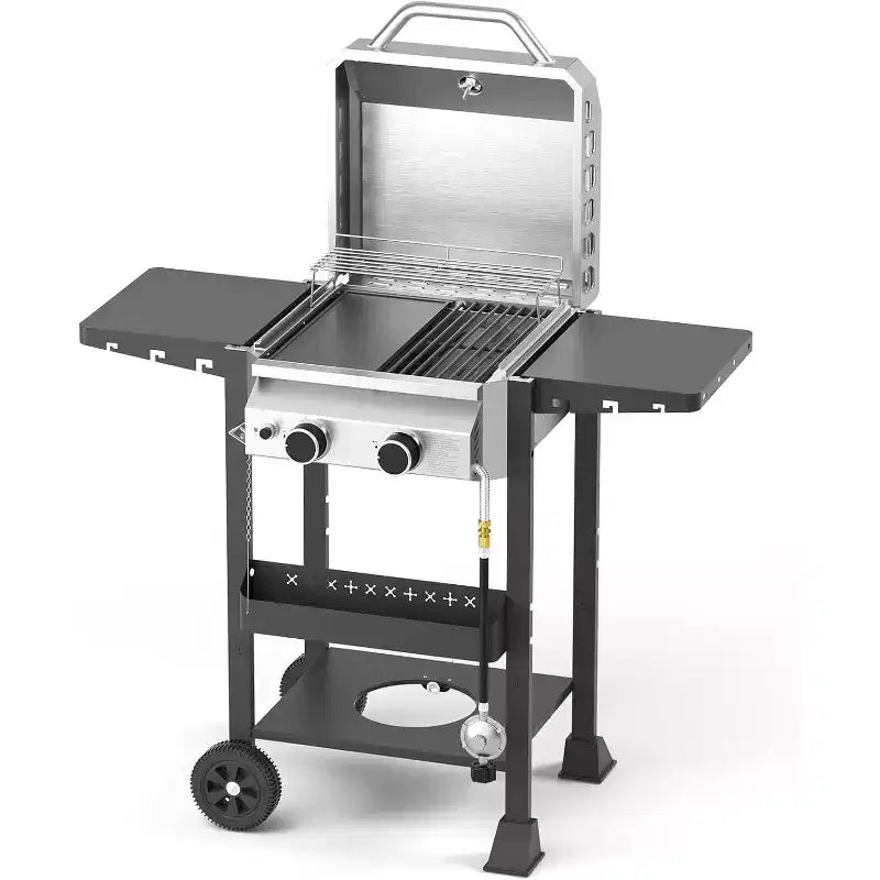 ZAFRO 2-Burner Propane Gas BBQ Grill, 16000 BTU Stainless Steel Barbecue with Folding Side Tables Portable Outdoor Grill for Patio, Backyard, Camping