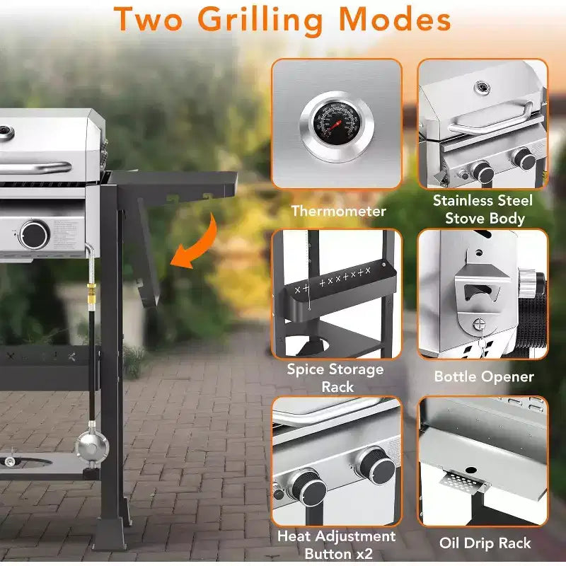 Barbecue ZAFRO 2 feux au propane, 16 000 BTU en acier inoxydable avec tablettes latérales pliables, barbecue extérieur portable pour terrasse, jardin, camping