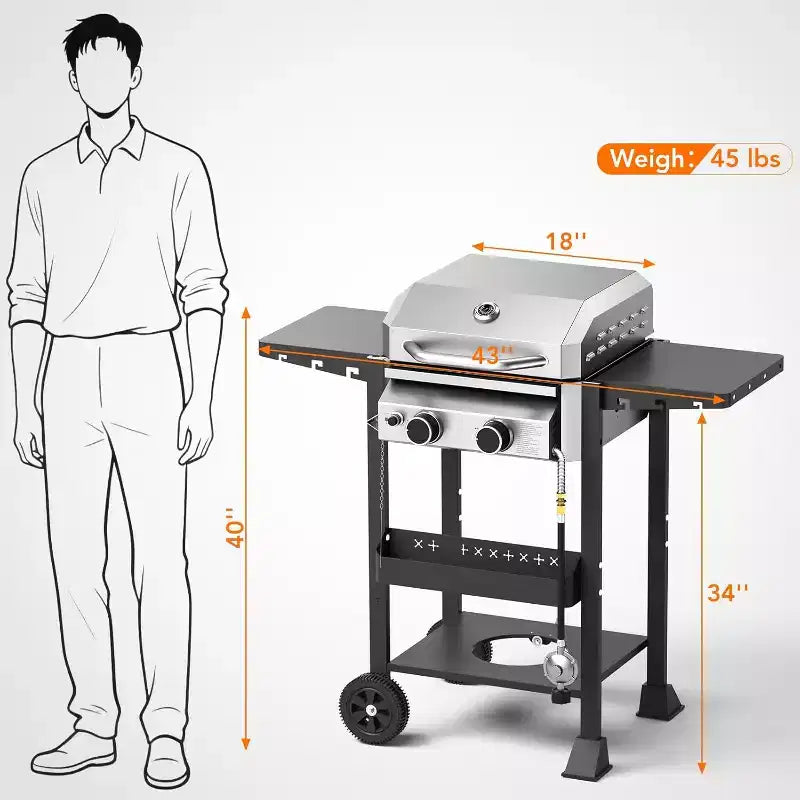 Barbecue ZAFRO 2 feux au propane, 16 000 BTU en acier inoxydable avec tablettes latérales pliables, barbecue extérieur portable pour terrasse, jardin, camping