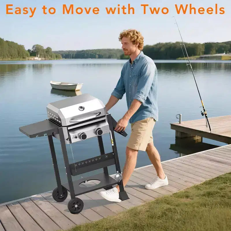 Barbecue ZAFRO 2 feux au propane, 16 000 BTU en acier inoxydable avec tablettes latérales pliables, barbecue extérieur portable pour terrasse, jardin, camping