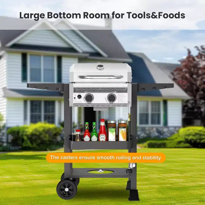 Barbecue ZAFRO 2 feux au propane, 16 000 BTU en acier inoxydable avec tablettes latérales pliables, barbecue extérieur portable pour terrasse, jardin, camping