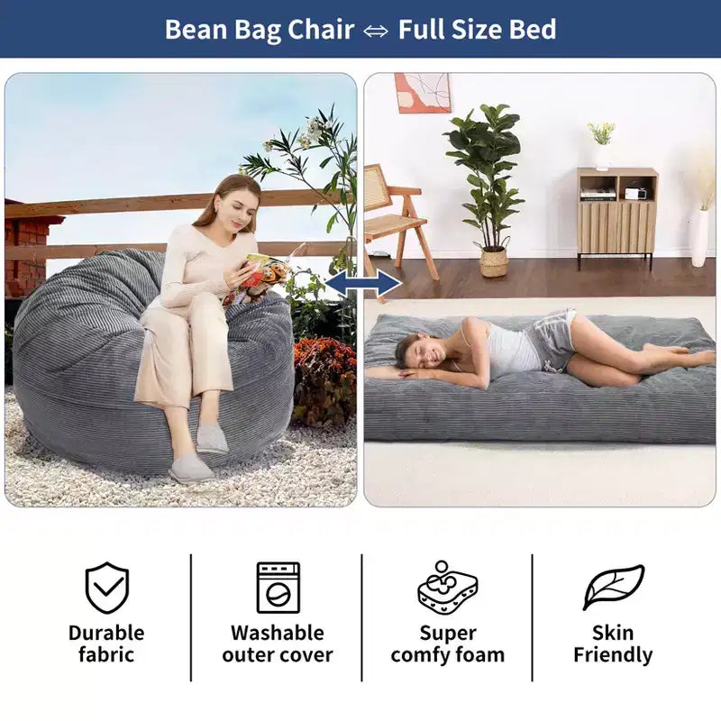 2 In 1 Bean Bag Chairs, Large Bean Bag Chairs, Convertible Floor Cushions for Adults, Giant Bean Bag Bed