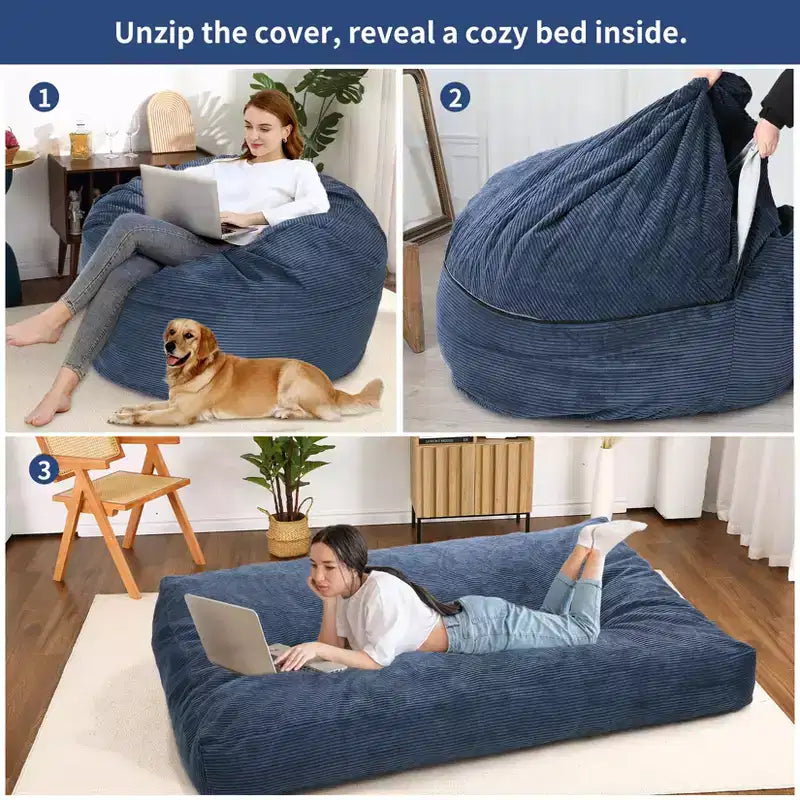 2 In 1 Bean Bag Chairs, Large Bean Bag Chairs, Convertible Floor Cushions for Adults, Giant Bean Bag Bed
