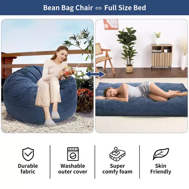 2 In 1 Bean Bag Chairs, Large Bean Bag Chairs, Convertible Floor Cushions for Adults, Giant Bean Bag Bed