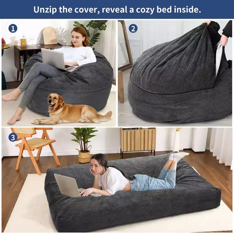 2 In 1 Bean Bag Chairs, Large Bean Bag Chairs, Convertible Floor Cushions for Adults, Giant Bean Bag Bed