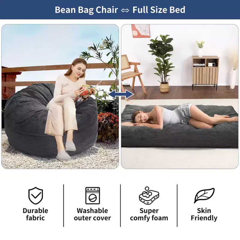 2 In 1 Bean Bag Chairs, Large Bean Bag Chairs, Convertible Floor Cushions for Adults, Giant Bean Bag Bed