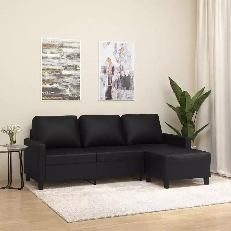 vidaXL Sofa Accent 3-Seater Couch Sofa Armchair with Footstool Faux Leather - Black