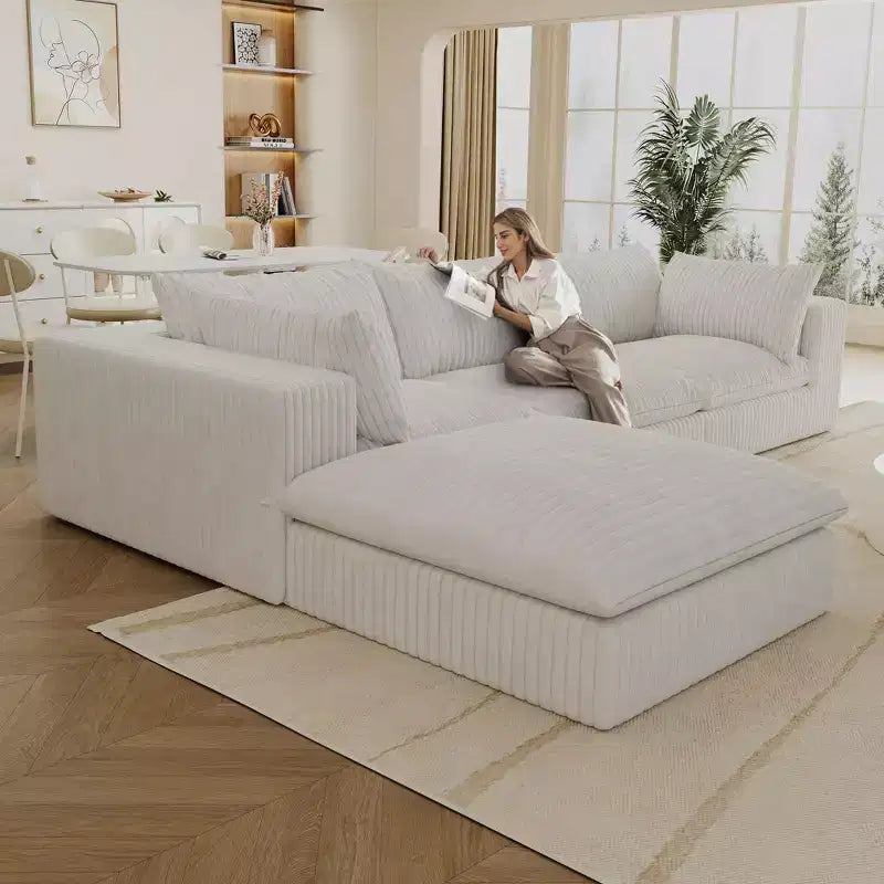 118.2 Blue Cloud Sofa with Ottoman, Corduroy Fabric Deep Seat Couches Double-layer design,Removable Cushion No Assembly