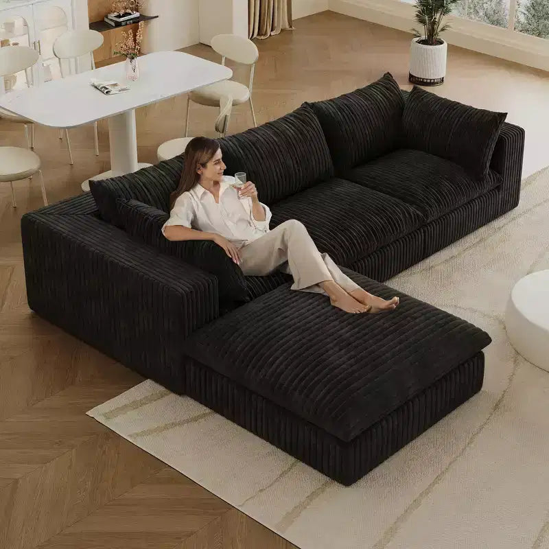 118.2 Blue Cloud Sofa with Ottoman, Corduroy Fabric Deep Seat Couches Double-layer design,Removable Cushion No Assembly