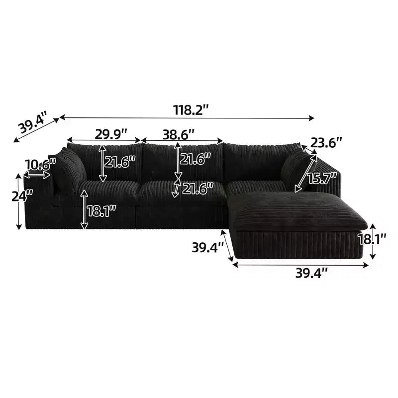 118.2 Blue Cloud Sofa with Ottoman, Corduroy Fabric Deep Seat Couches Double-layer design,Removable Cushion No Assembly