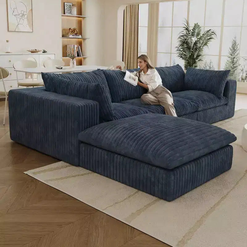 118.2 Blue Cloud Sofa with Ottoman, Corduroy Fabric Deep Seat Couches Double-layer design,Removable Cushion No Assembly