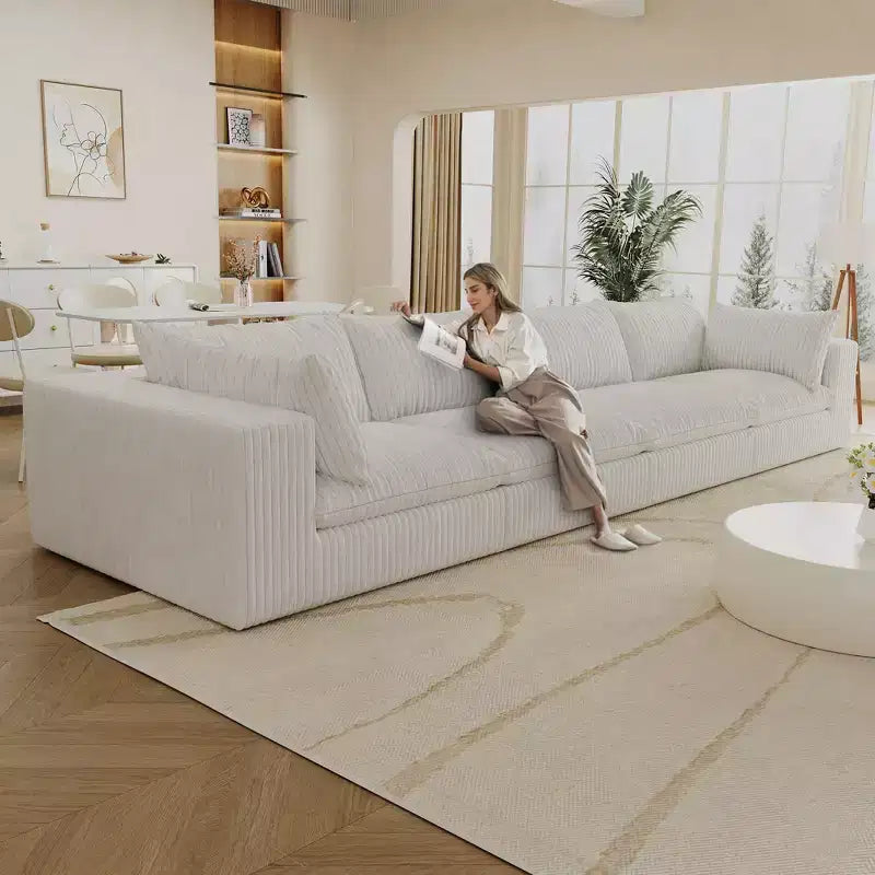 157.6 White 4 seats Corduroy Fabric Cloud Sofa Deep Seat Couches Double-layer design Removable Cushion No Assembly