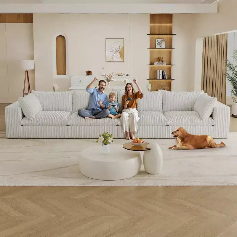 157.6 White 4 seats Corduroy Fabric Cloud Sofa Deep Seat Couches Double-layer design Removable Cushion No Assembly