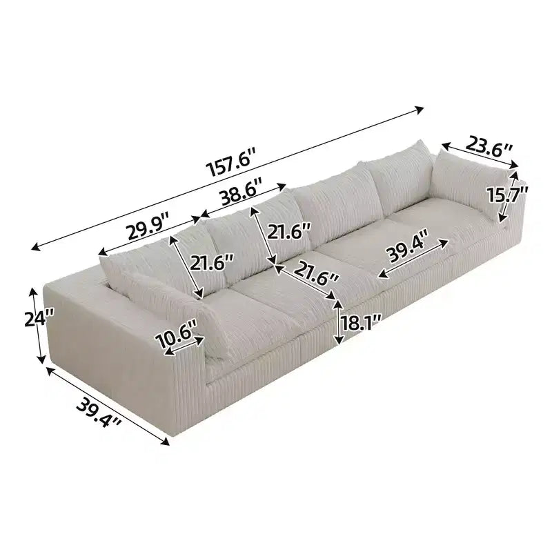 157.6 White 4 seats Corduroy Fabric Cloud Sofa Deep Seat Couches Double-layer design Removable Cushion No Assembly