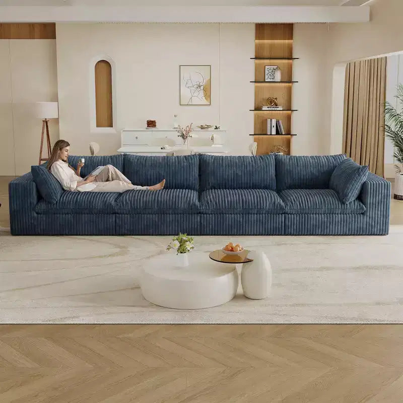 157.6 White 4 seats Corduroy Fabric Cloud Sofa Deep Seat Couches Double-layer design Removable Cushion No Assembly