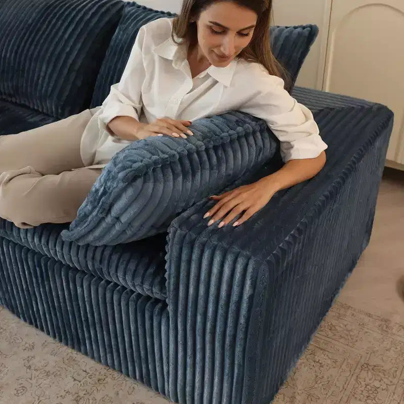 118.2 Blue Corduroy Fabric Deep Seat Couches Cloud Sofa for Living room Double-layer design Removable Cushion No Assembly