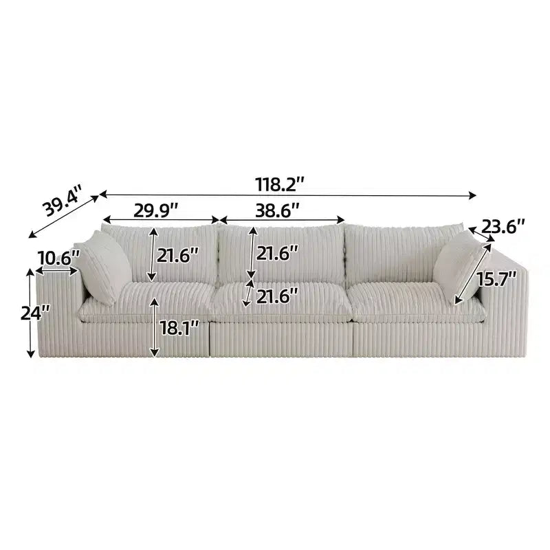 118.2 Blue Corduroy Fabric Deep Seat Couches Cloud Sofa for Living room Double-layer design Removable Cushion No Assembly