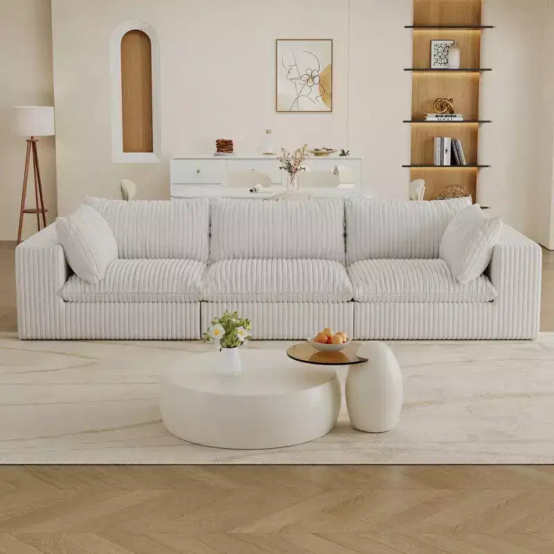 118.2 Blue Corduroy Fabric Deep Seat Couches Cloud Sofa for Living room Double-layer design Removable Cushion No Assembly