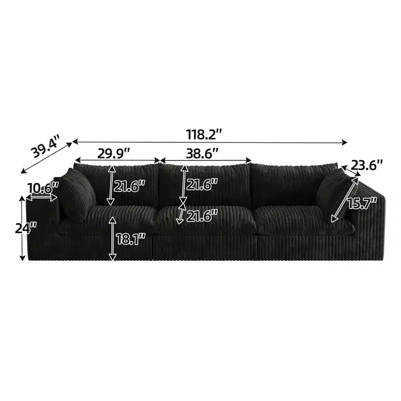 118.2 Blue Corduroy Fabric Deep Seat Couches Cloud Sofa for Living room Double-layer design Removable Cushion No Assembly