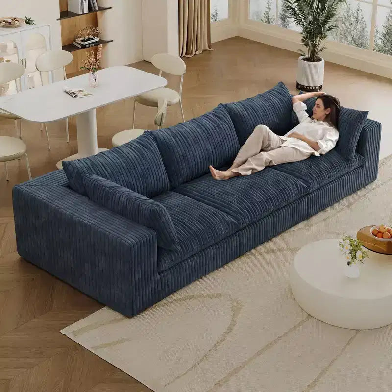 118.2 Blue Corduroy Fabric Deep Seat Couches Cloud Sofa for Living room Double-layer design Removable Cushion No Assembly