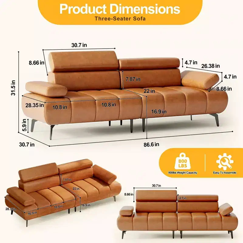 86 Faux Leather Futon Sofa Bed, 3-Seater Convertible Loveseat with Adjustable Backrest & 6-Position Headrest, for Living Room