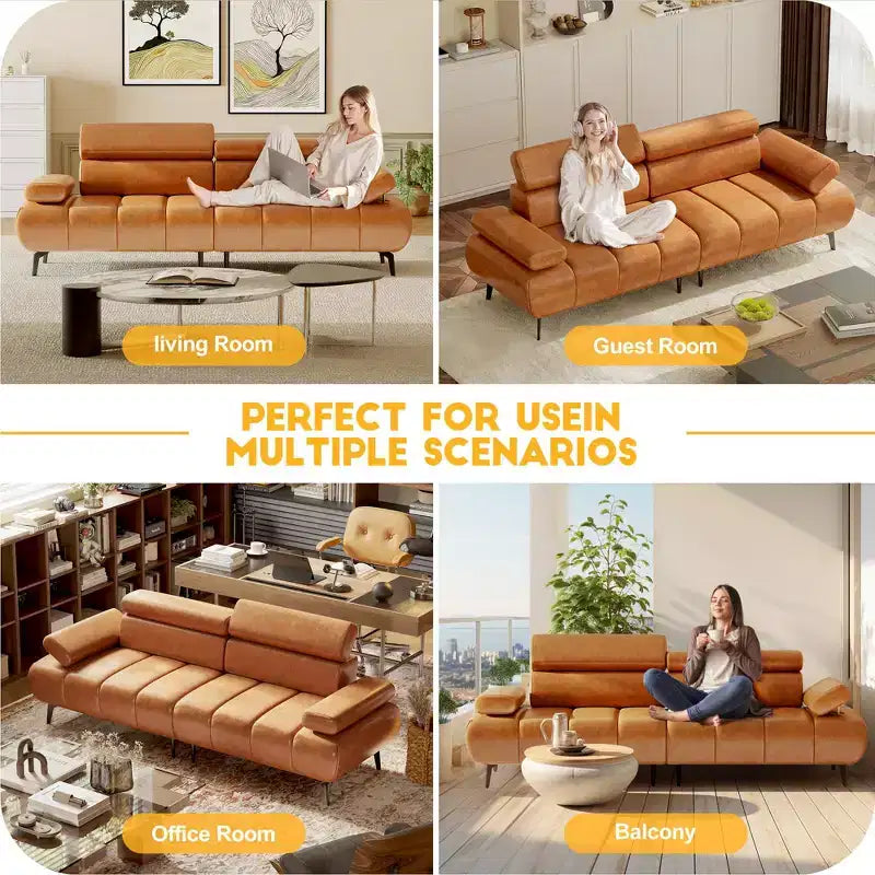 86 Faux Leather Futon Sofa Bed, 3-Seater Convertible Loveseat with Adjustable Backrest & 6-Position Headrest, for Living Room