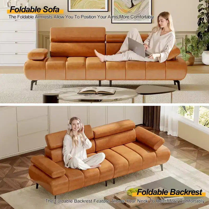 86 Faux Leather Futon Sofa Bed, 3-Seater Convertible Loveseat with Adjustable Backrest & 6-Position Headrest, for Living Room